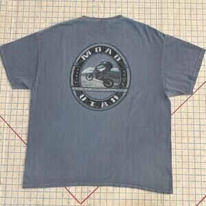 Moab Utah Moto T Shirt Size XL Faded Thrashed Washed Blue Distressed VTG Y2K